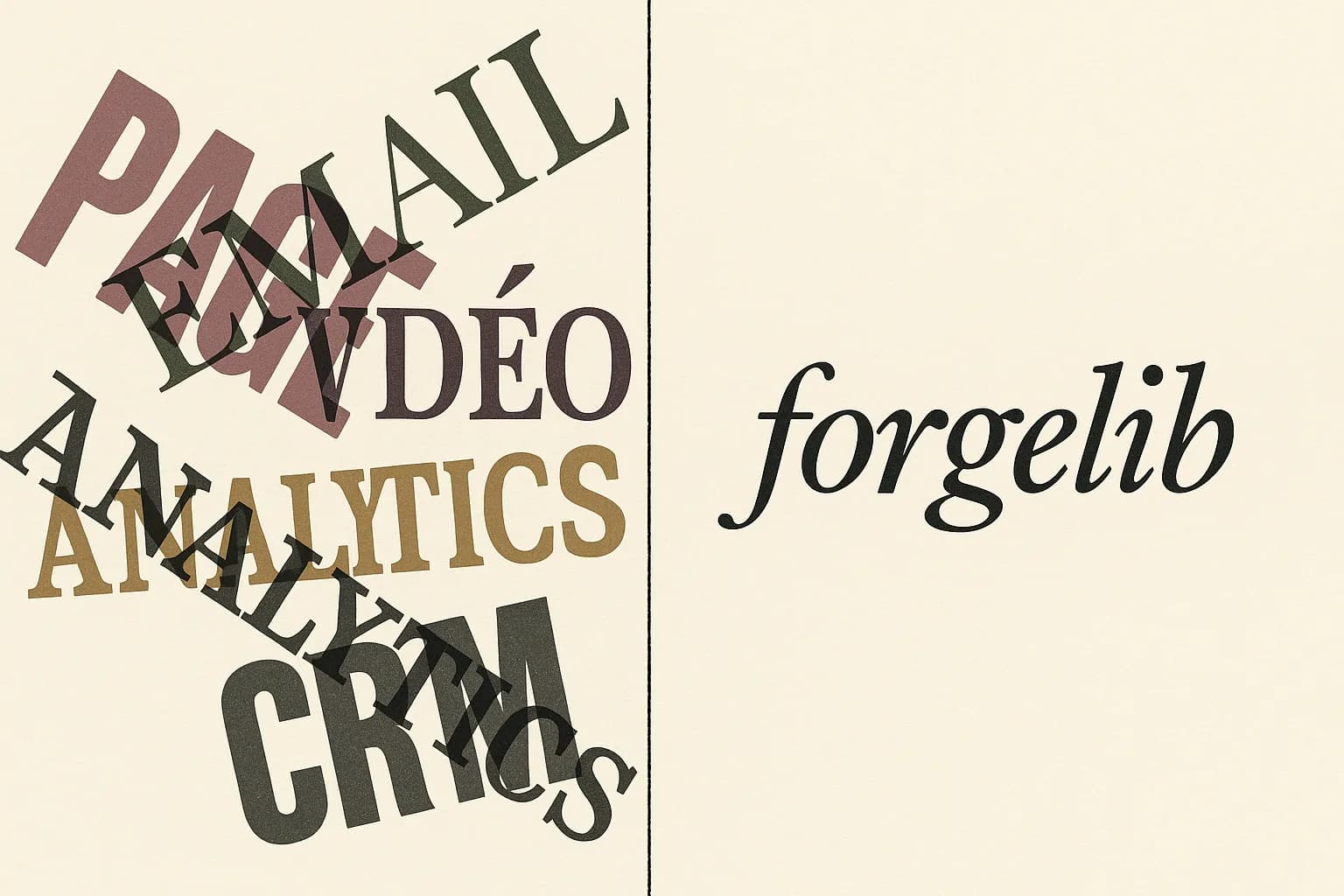 Composition typographique : à gauche, les mots CRM, EMAIL, PAGE, VIDÉO, ANALYTICS se chevauchent en cinq typographies différentes. À droite, le mot forgelib seul, en italique serif.